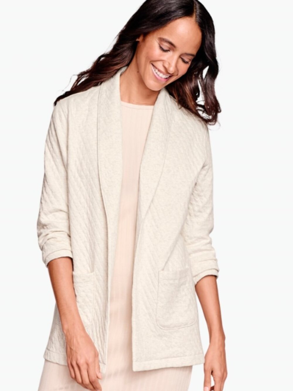 Johnston & Murphy Quilted Shawl-Collar Cardigan Size Medium Cream Pockets